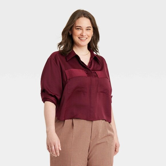 XXL - Womens Relaxed Fit Long Sleeve Button-Down Shirt - A New Day - Burgundy - Picture 1 of 5